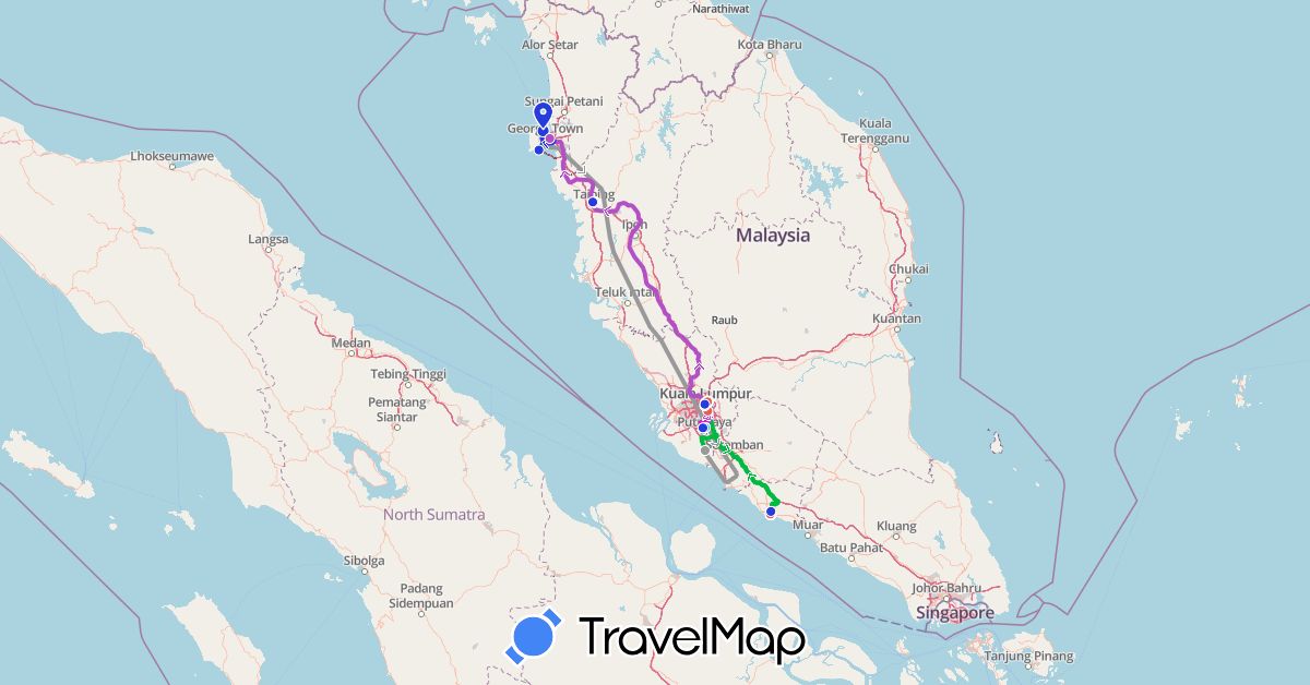 TravelMap itinerary: driving, bus, plane, train, boat, taxi, walking, metro/lrt in Malaysia (Asia)