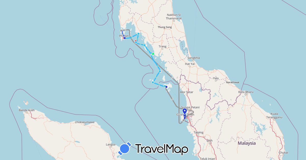 TravelMap itinerary: driving, plane, boat, electric vehicle, taxi, walking, private car transfer, tuk-tuk in Malaysia, Thailand (Asia)